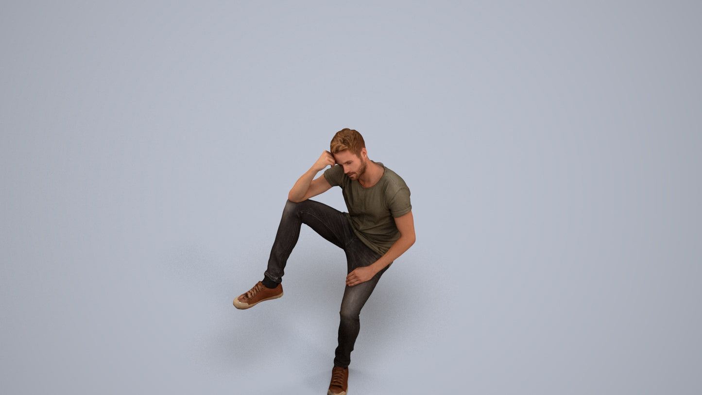 3D people model man casual sitting, scanned human for 3ds Max rendering, back view render