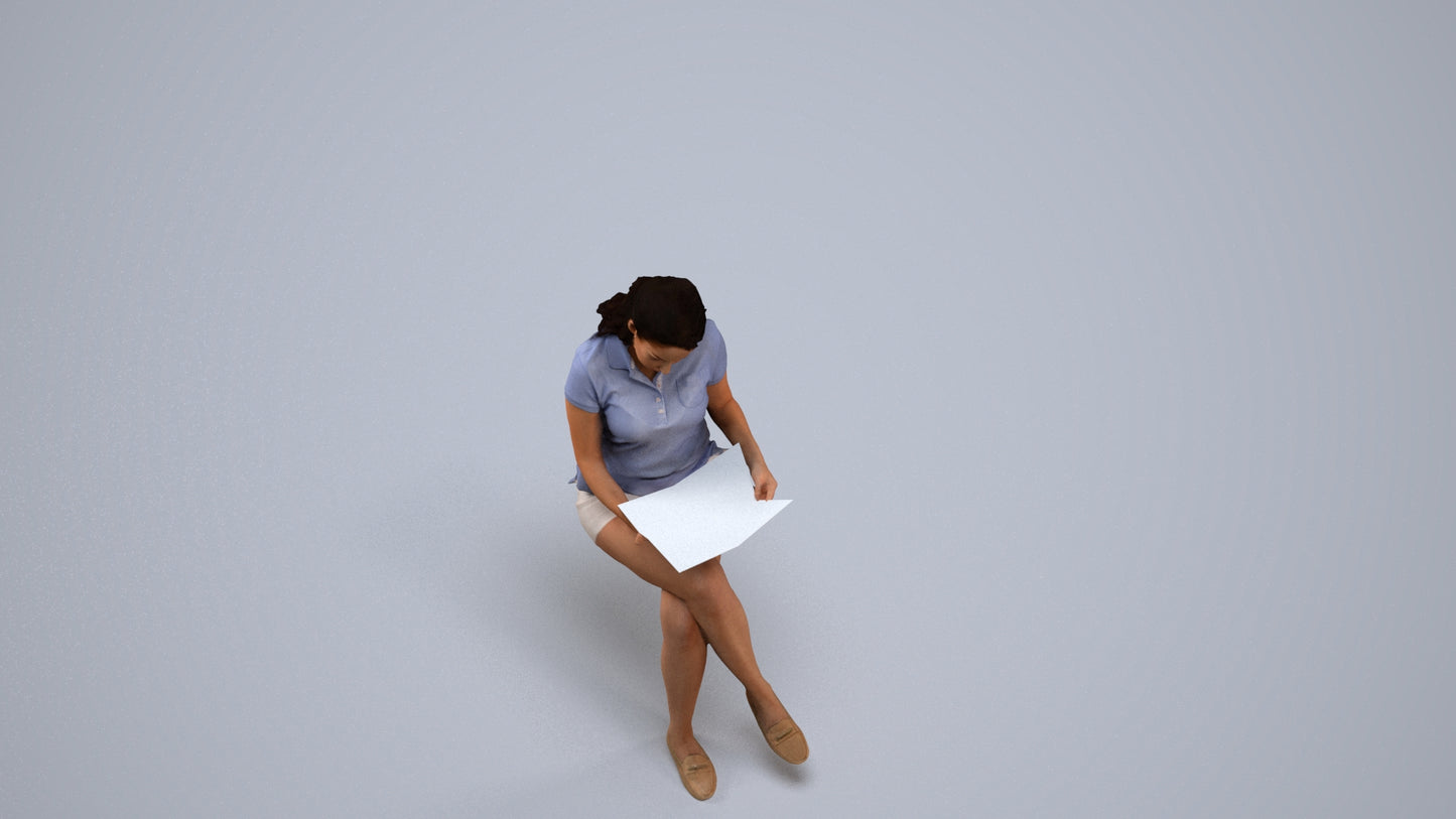 3D human model woman casual sitting, photogrammetry scanned person for archviz, back view render