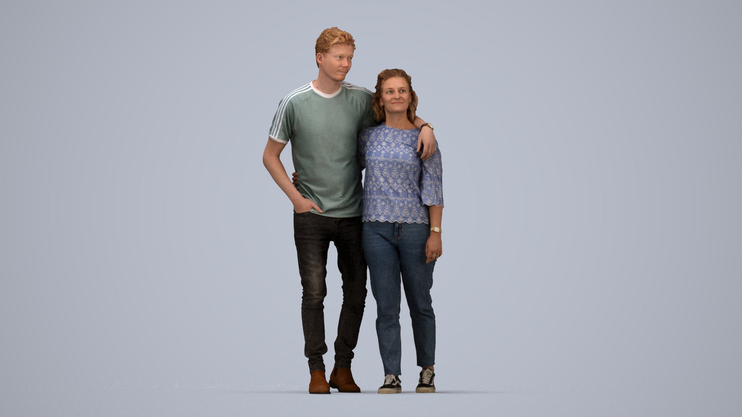 3D human model woman casual couple, photogrammetry scanned person for archviz, top-down view render