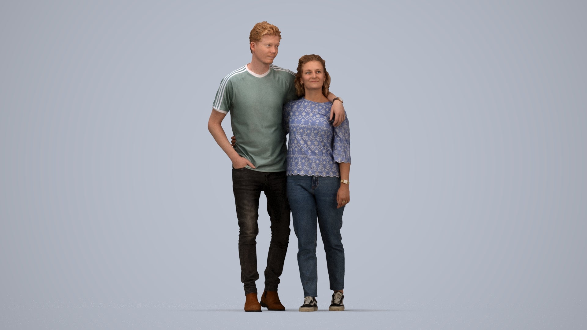 3D human model woman casual couple, photogrammetry scanned person for archviz, top-down view render