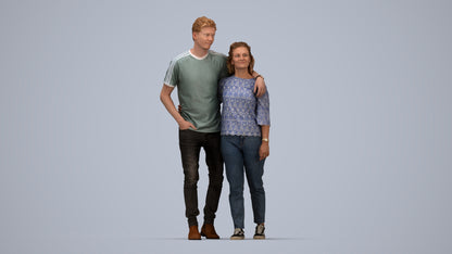 3D human model woman casual couple, photogrammetry scanned person for archviz, top-down view render
