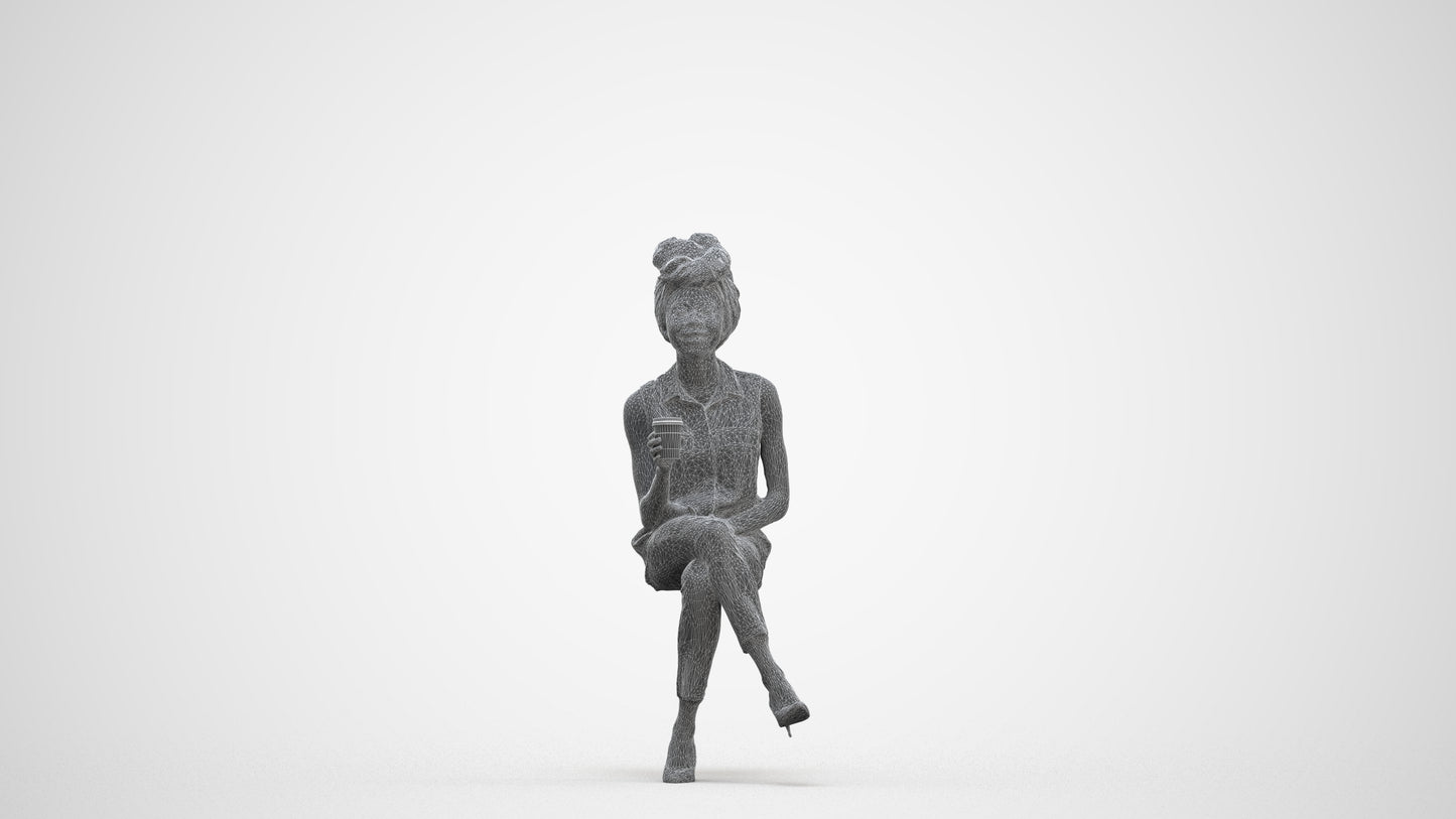 photogrammetry 3D woman casual sitting, realistic human model archviz FBX, three-quarter front view render