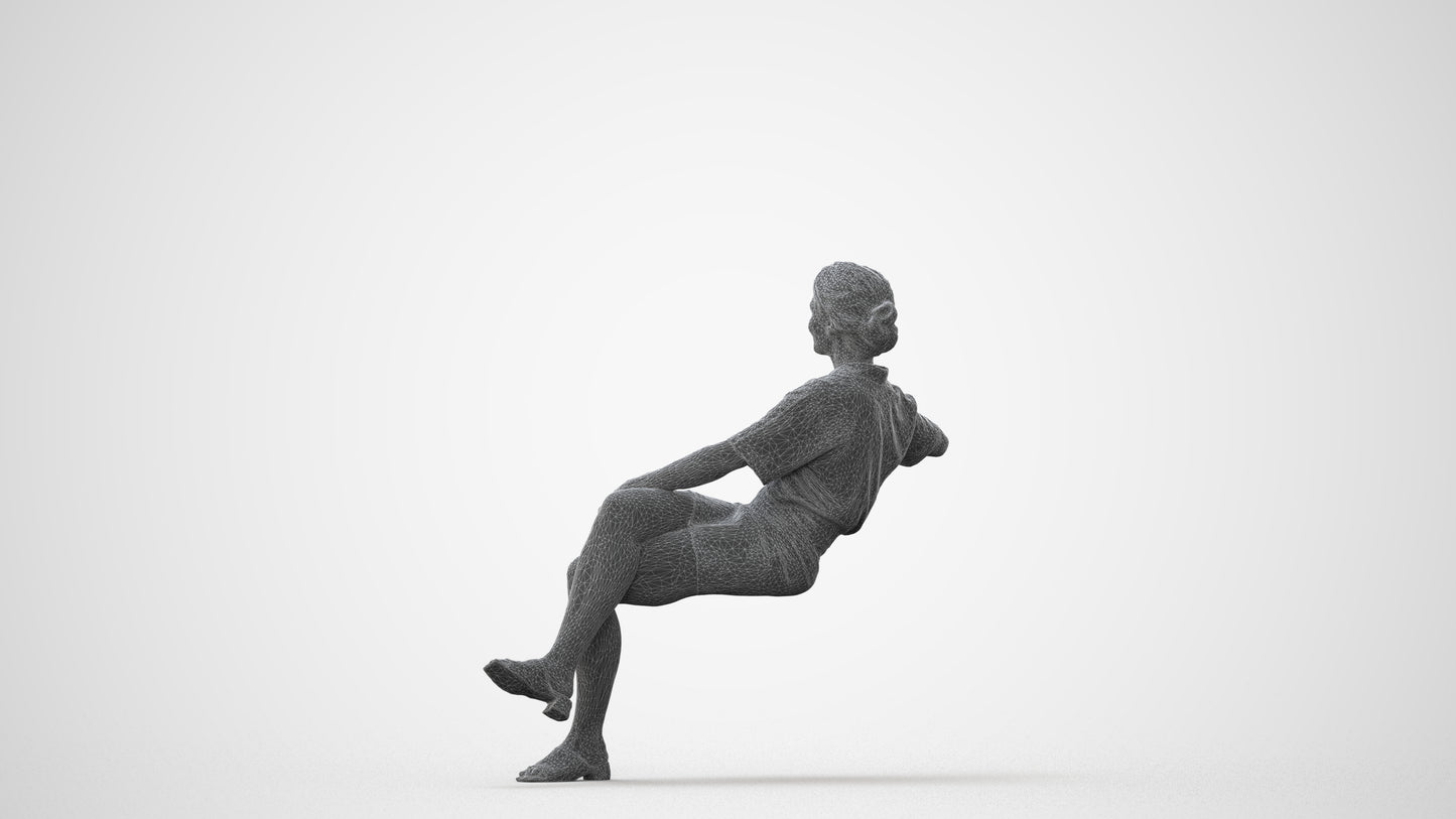 3D human model woman casual sitting, photogrammetry scanned person for archviz, square thumbnail