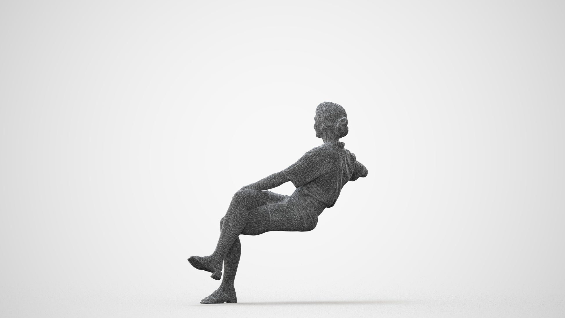 3D human model woman casual sitting, photogrammetry scanned person for archviz, square thumbnail
