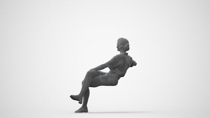 3D human model woman casual sitting, photogrammetry scanned person for archviz, square thumbnail