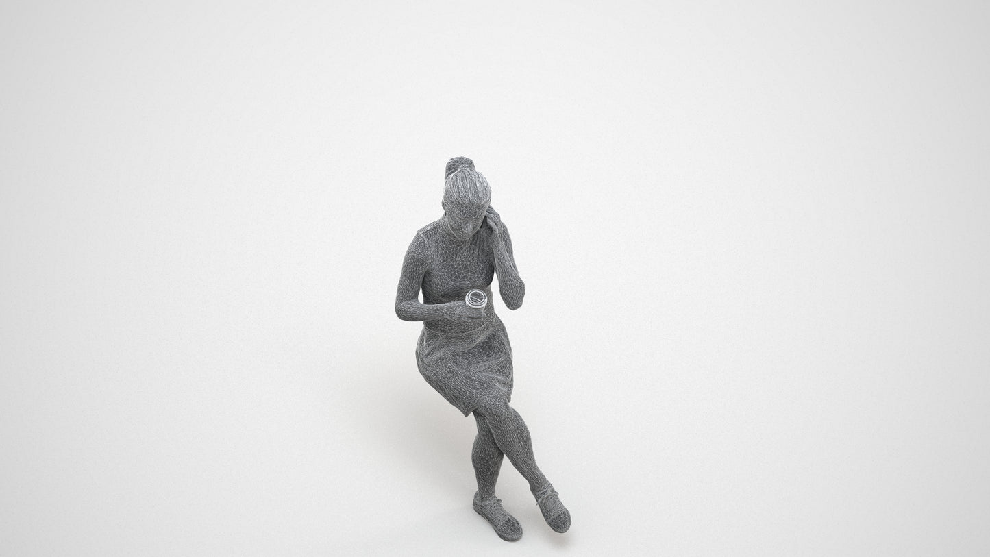 scanned 3D woman casual sitting, photogrammetry people for Enscape and V-Ray, wireframe three-quarter view