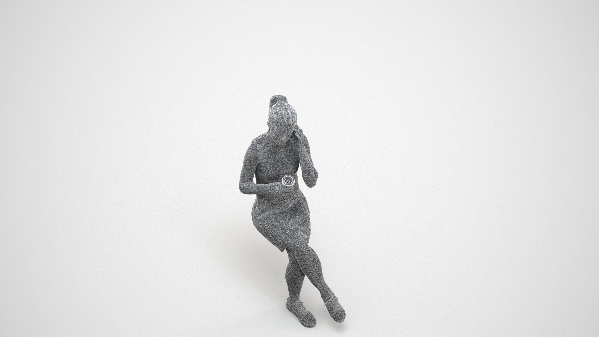 scanned 3D woman casual sitting, photogrammetry people for Enscape and V-Ray, wireframe three-quarter view
