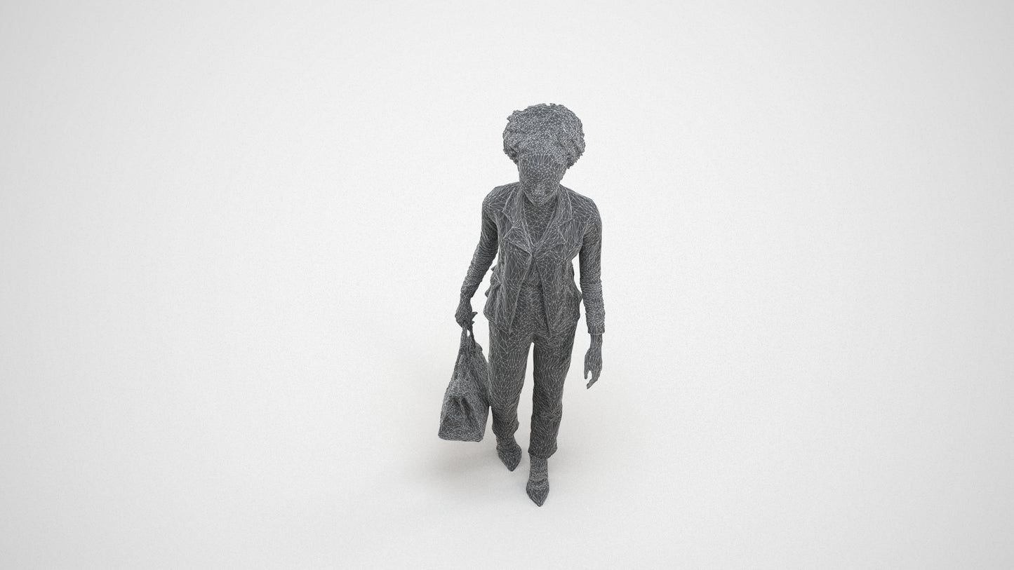 realistic 3D woman business walking, scanned archviz people for Blender and 3ds Max, wireframe three-quarter view