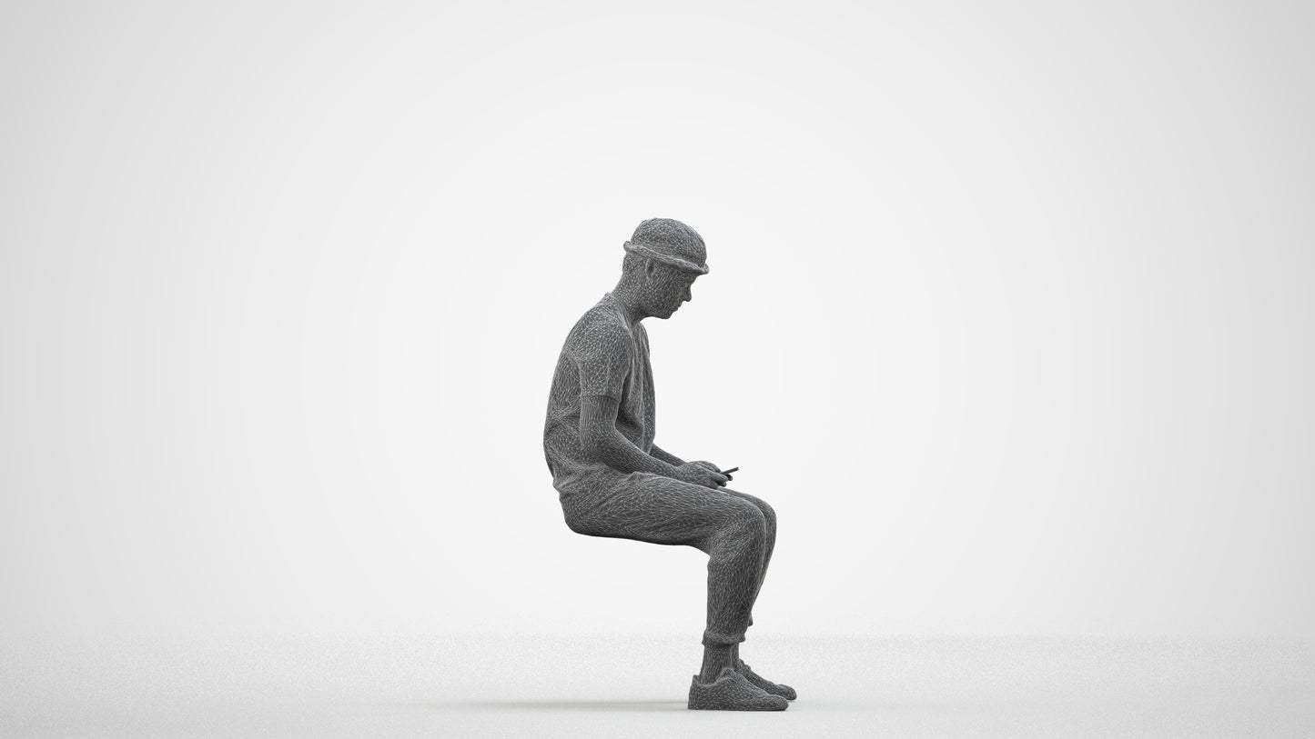 realistic 3D people man casual sitting, render-ready for V-Ray and Corona, FBX OBJ, wireframe side view