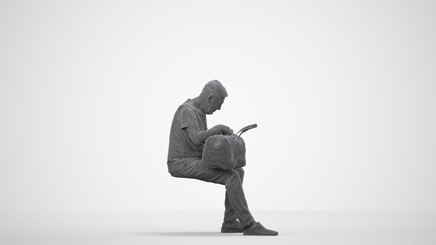 realistic 3D people senior man casual sitting, render-ready for V-Ray and Corona, FBX OBJ, wireframe side view
