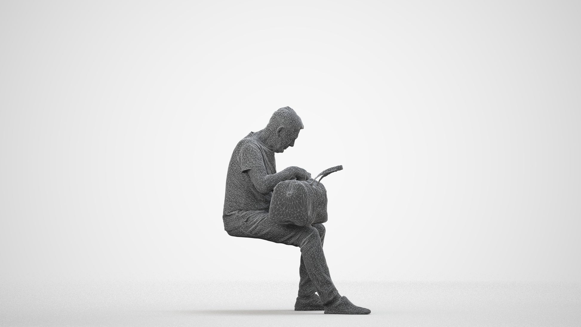 realistic 3D people senior man casual sitting, render-ready for V-Ray and Corona, FBX OBJ, wireframe side view