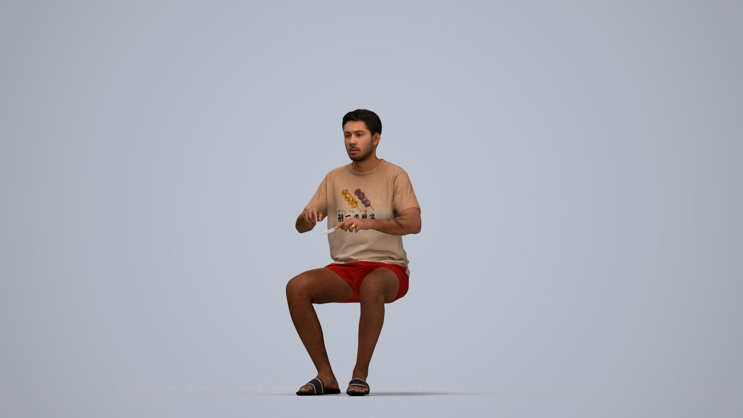 3D human model man casual sitting, photogrammetry scanned person for archviz, top-down view render