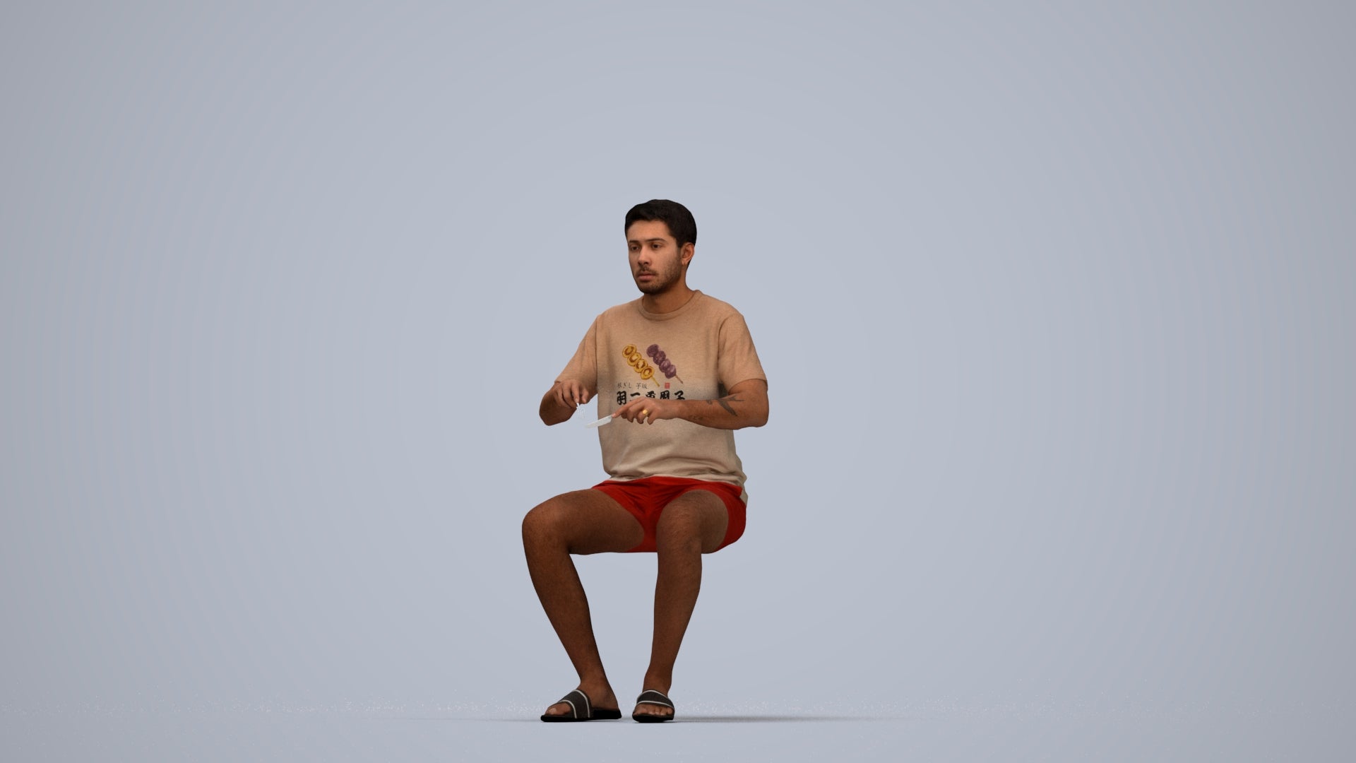 3D human model man casual sitting, photogrammetry scanned person for archviz, top-down view render