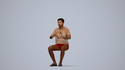 3D human model man casual sitting, photogrammetry scanned person for archviz, top-down view render