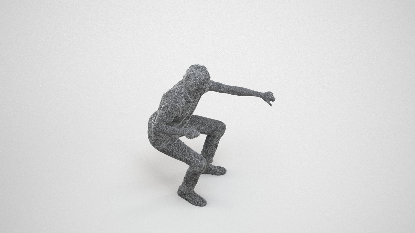 realistic 3D man casual sitting, scanned archviz people for Blender and 3ds Max, wireframe three-quarter view