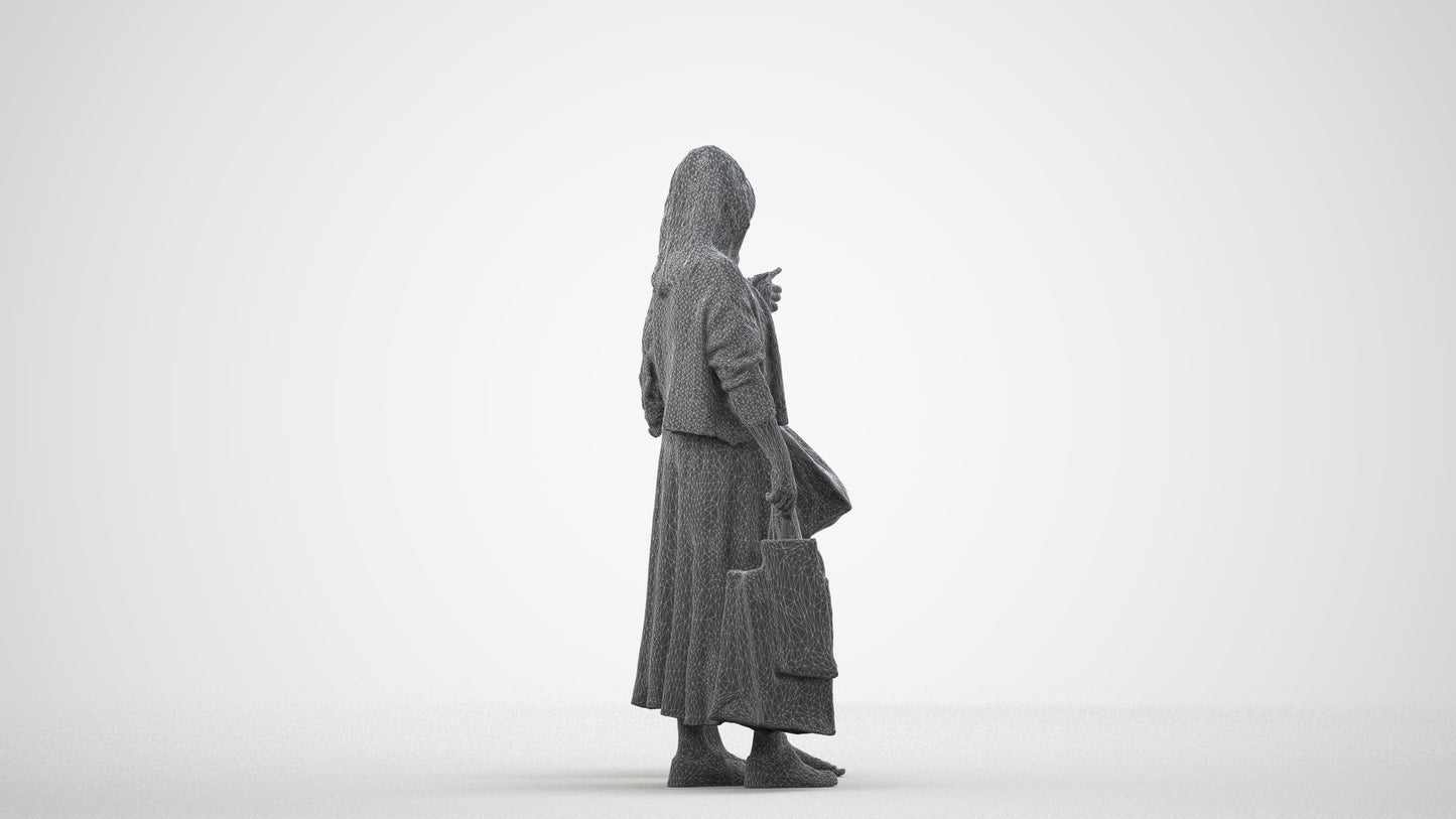 3D human model girl casual shopping, photogrammetry scanned person for archviz, wireframe side view