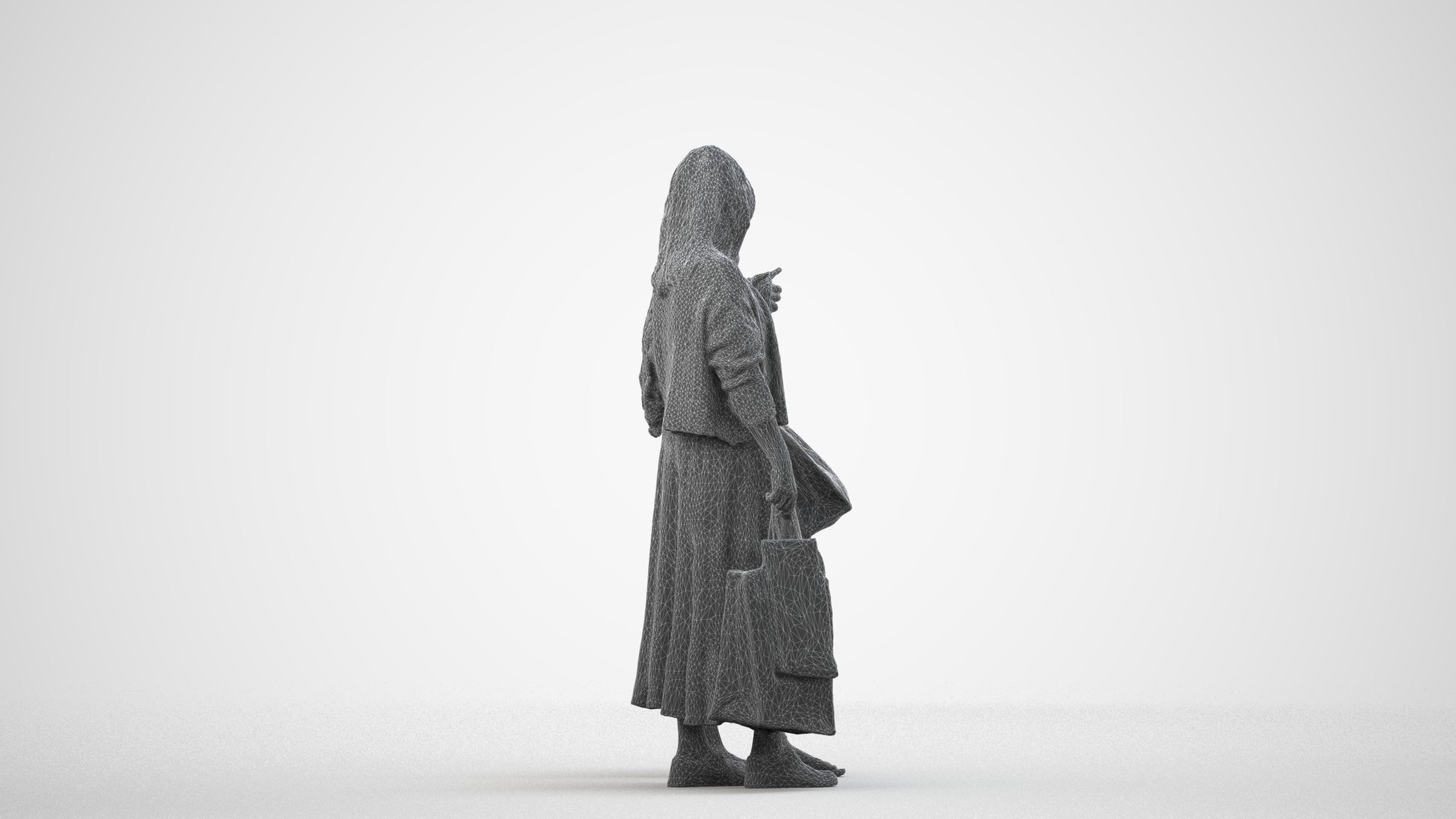3D human model girl casual shopping, photogrammetry scanned person for archviz, wireframe side view