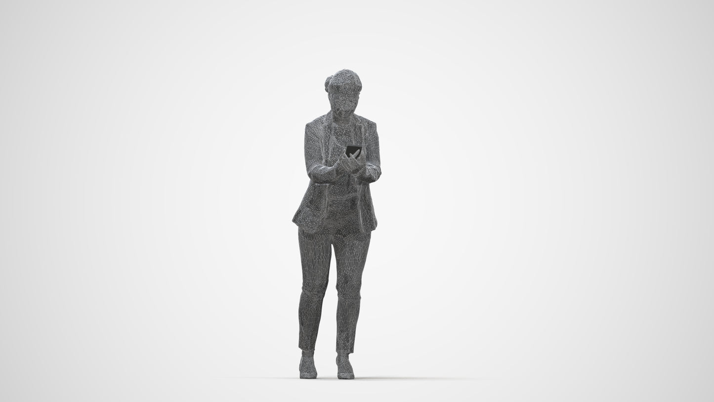 realistic 3D human woman business standing, archviz people FBX OBJ for Blender, wireframe back view