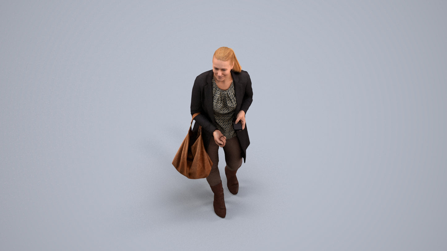 3D human model woman business walking, photogrammetry scanned person for archviz, back view render