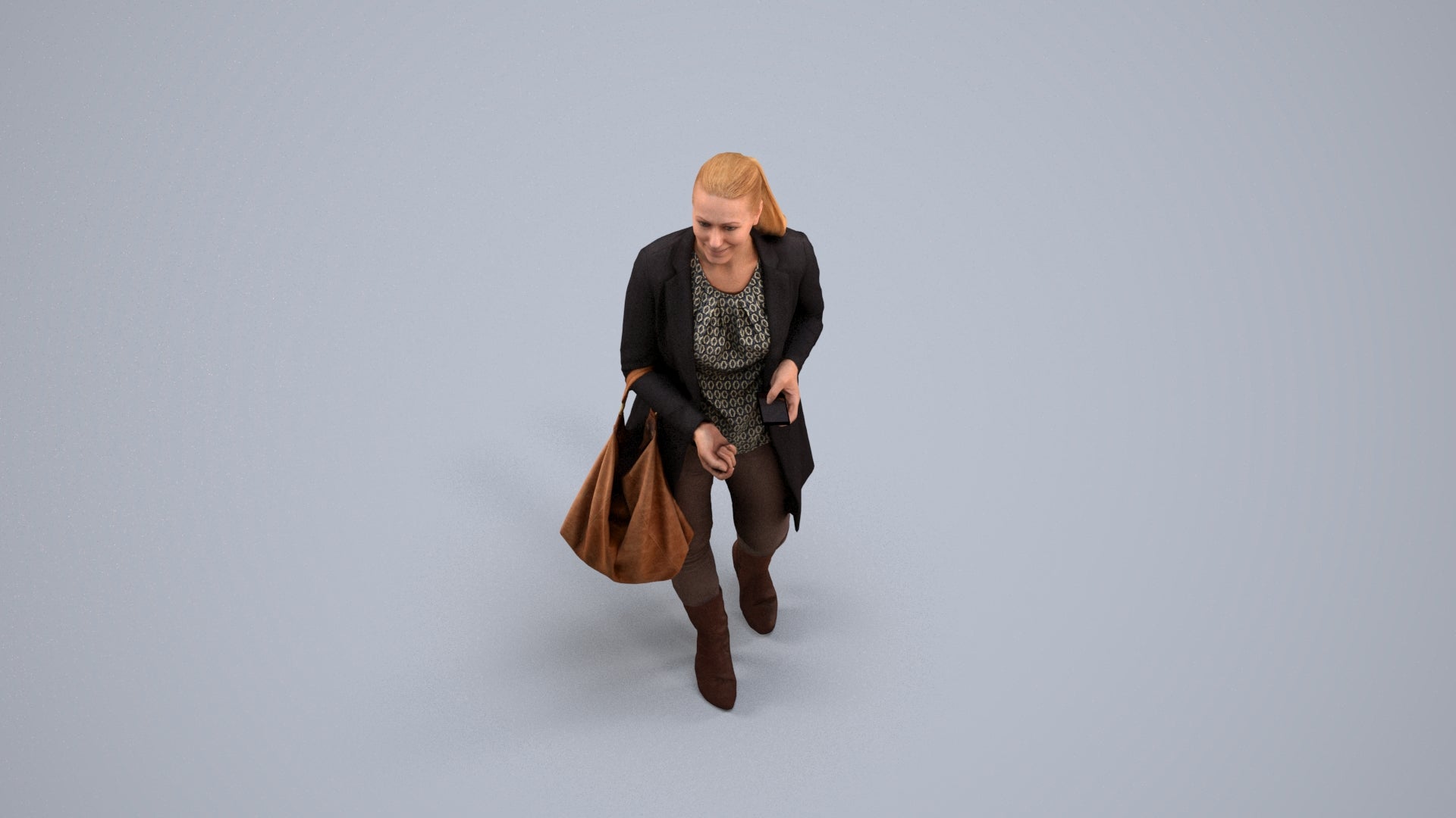 3D human model woman business walking, photogrammetry scanned person for archviz, back view render