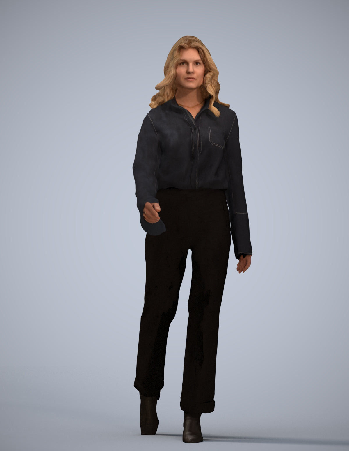 3D human model woman casual walking, photogrammetry scanned person for archviz