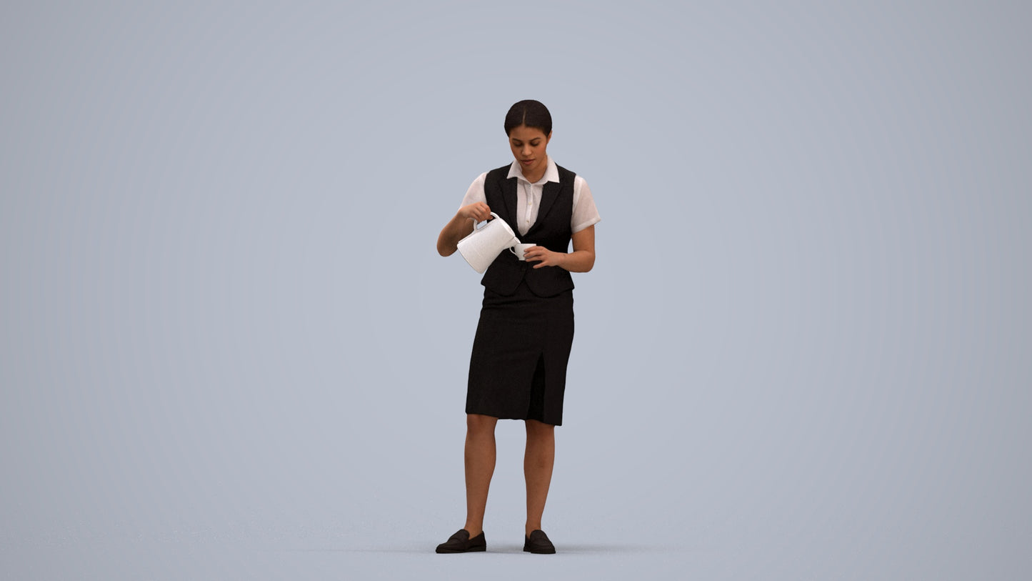 realistic 3D woman hospitality, scanned archviz people for Blender and 3ds Max, standing pose render