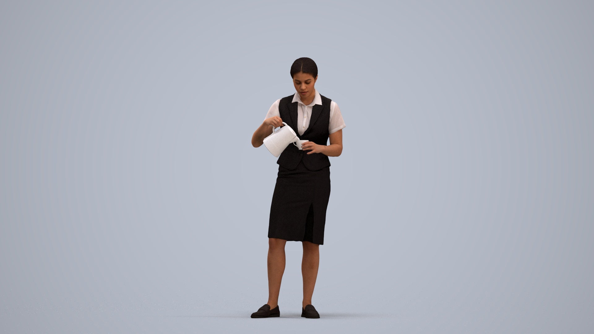 realistic 3D woman hospitality, scanned archviz people for Blender and 3ds Max, standing pose render