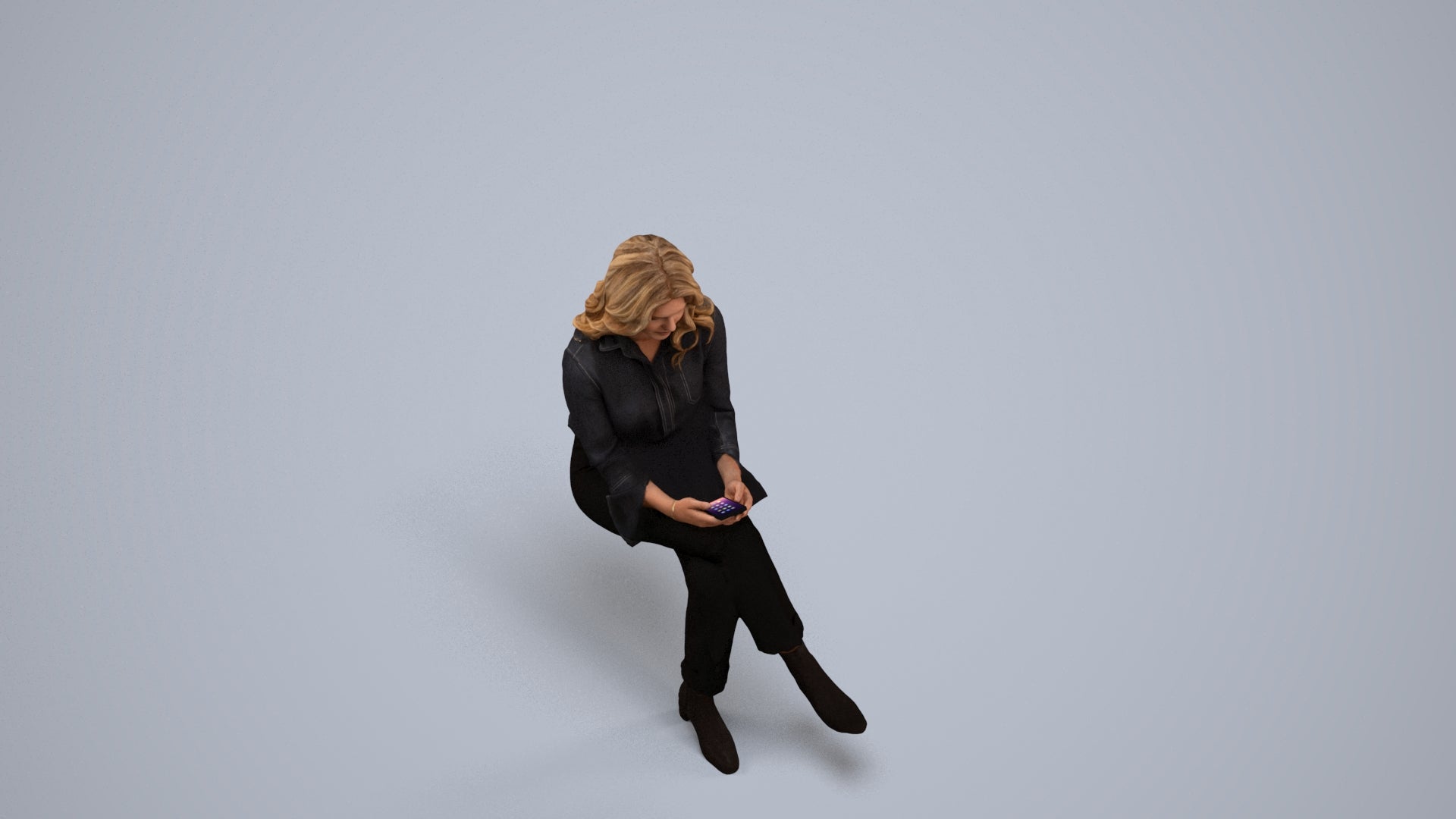 3D human model woman business sitting, photogrammetry scanned person for archviz, back view render
