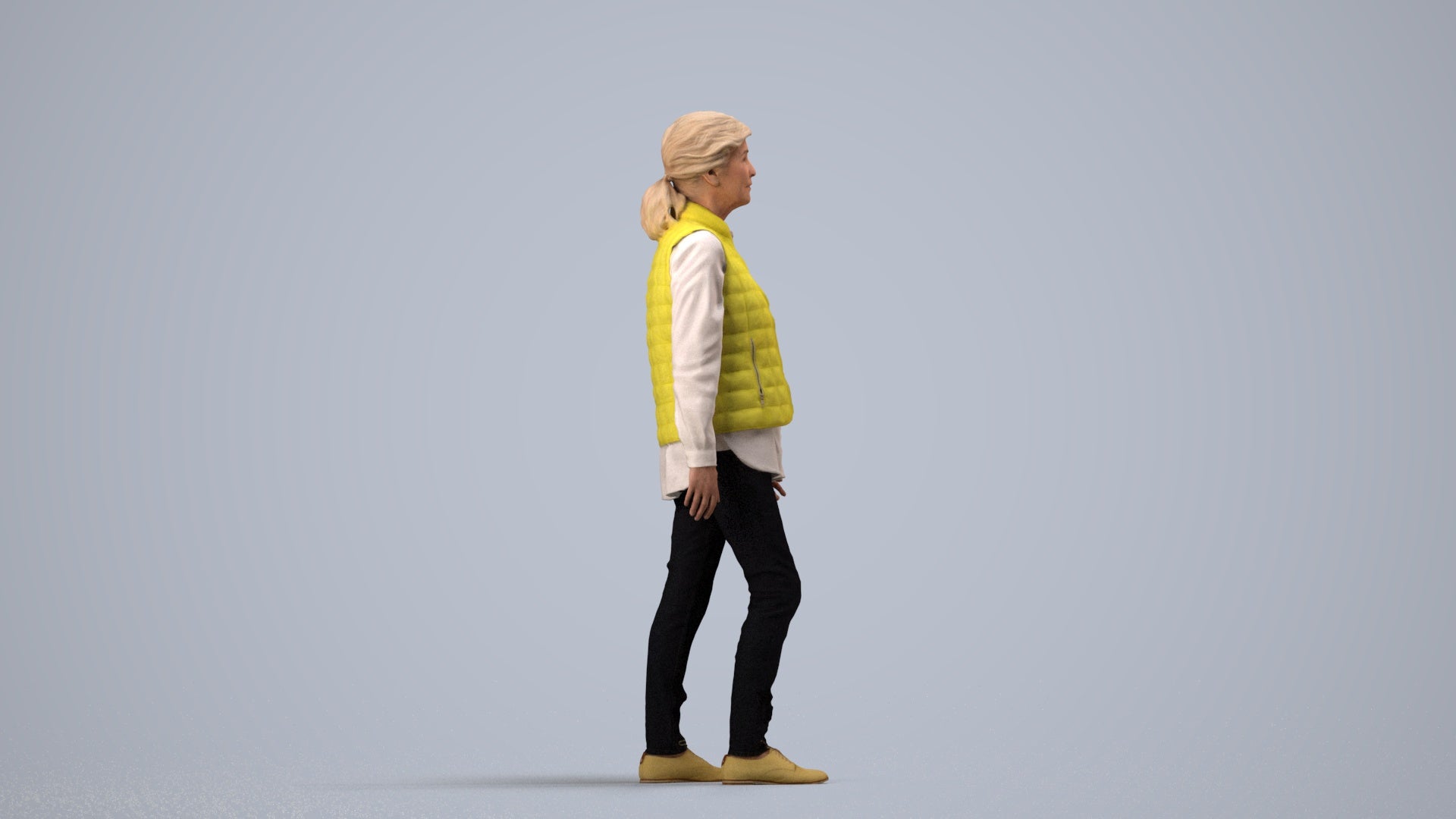 realistic 3D senior woman casual walking, scanned archviz people for Blender and 3ds Max, side view render