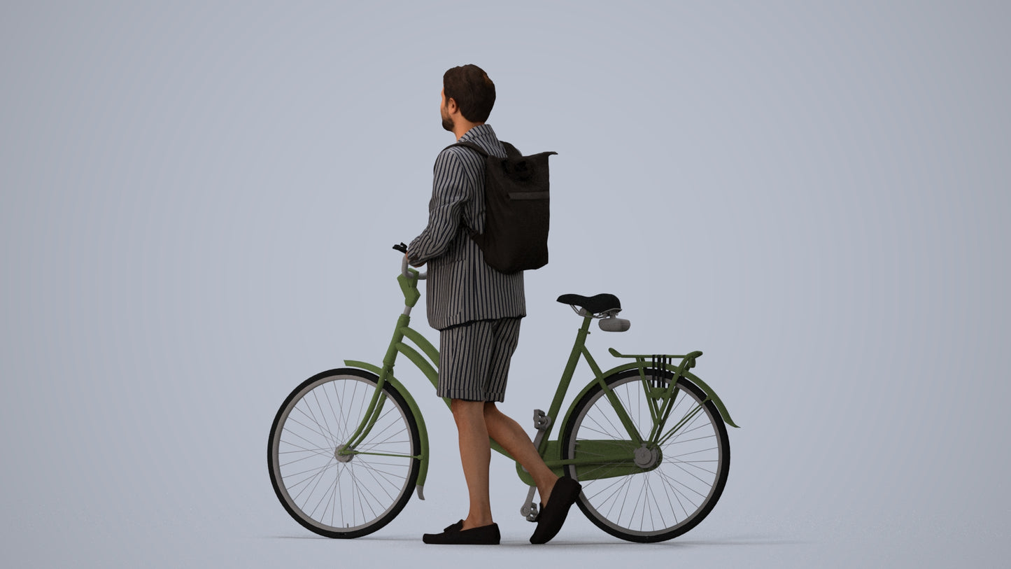 realistic 3D man business cycling, scanned archviz people for Blender and 3ds Max, three-quarter view render