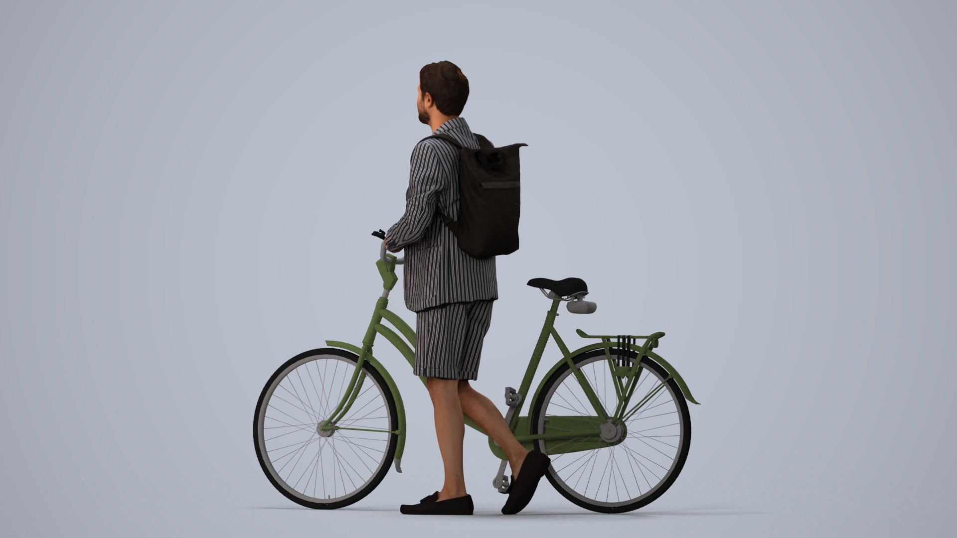 realistic 3D man business cycling, scanned archviz people for Blender and 3ds Max, three-quarter view render