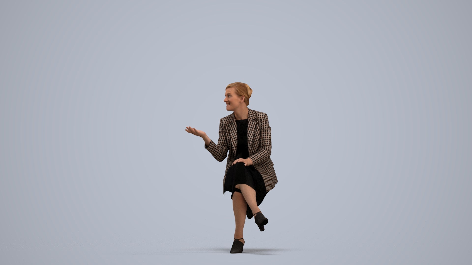 3D human model woman business sitting, photogrammetry scanned person for archviz, standing pose render