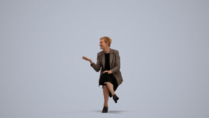 3D human model woman business sitting, photogrammetry scanned person for archviz, standing pose render