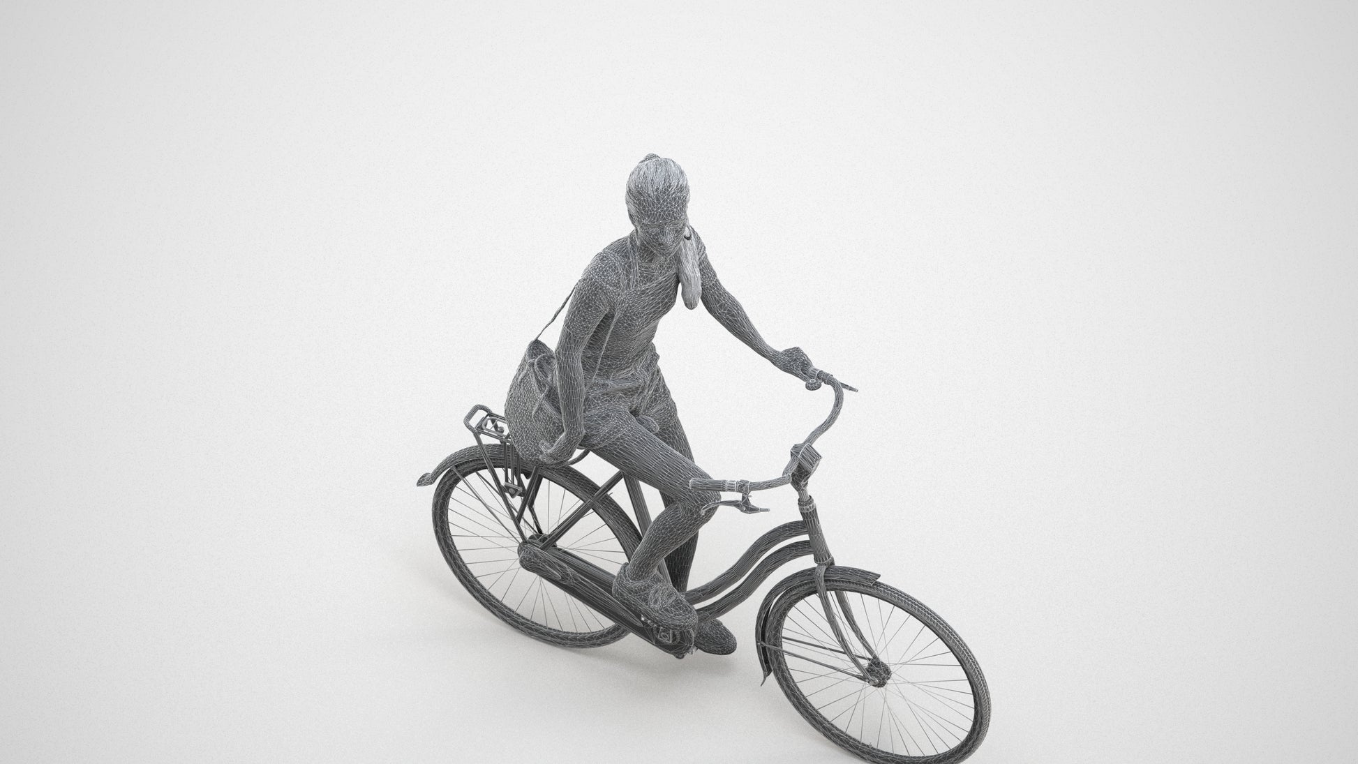 3D people model woman casual cycling, scanned human for 3ds Max rendering, wireframe three-quarter view