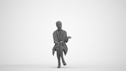 realistic 3D woman business sitting, scanned archviz people for Blender and 3ds Max, three-quarter front view render