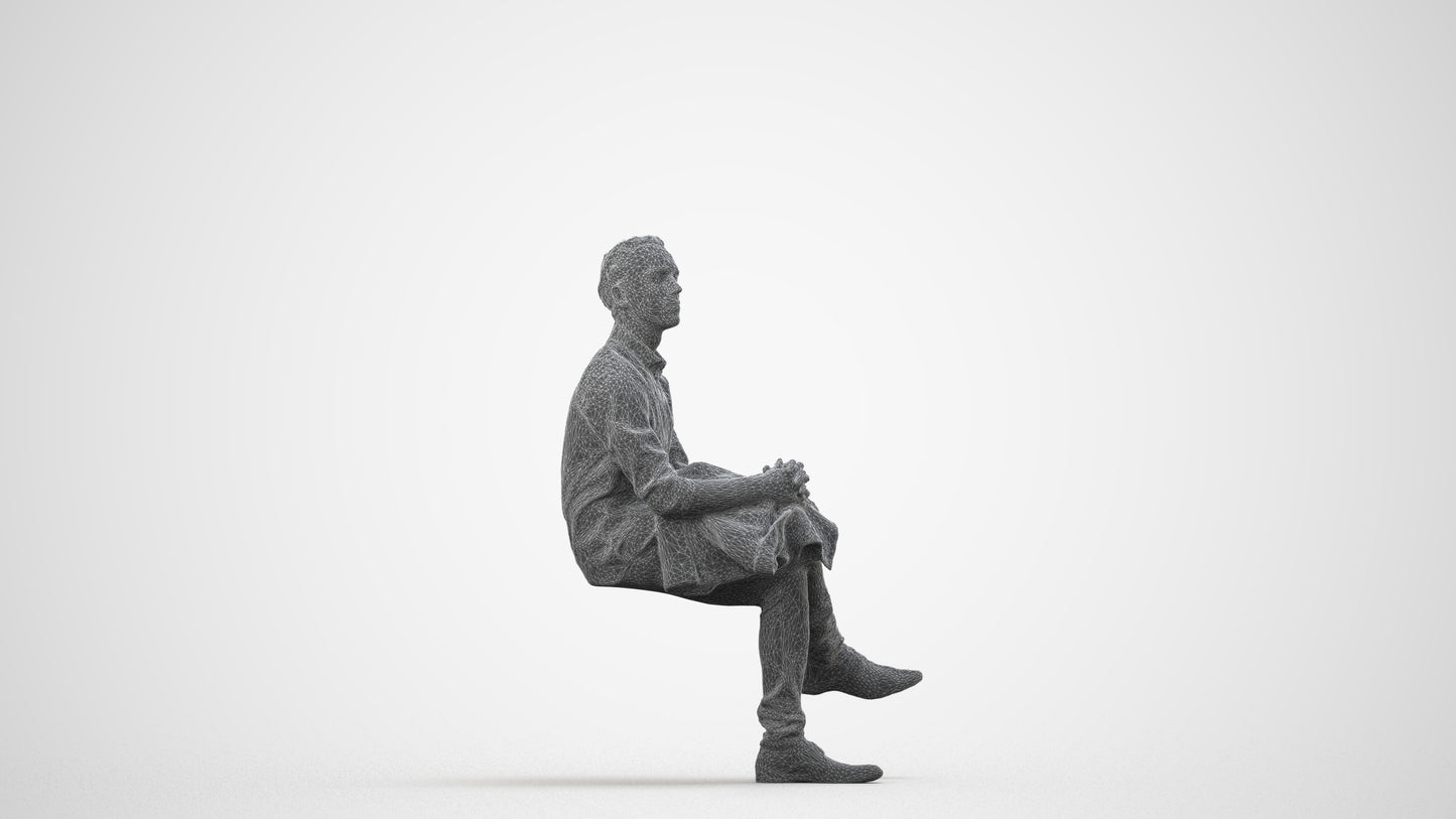 3D scanned man sitting casual, photorealistic archviz people for Enscape and SketchUp, wireframe side view