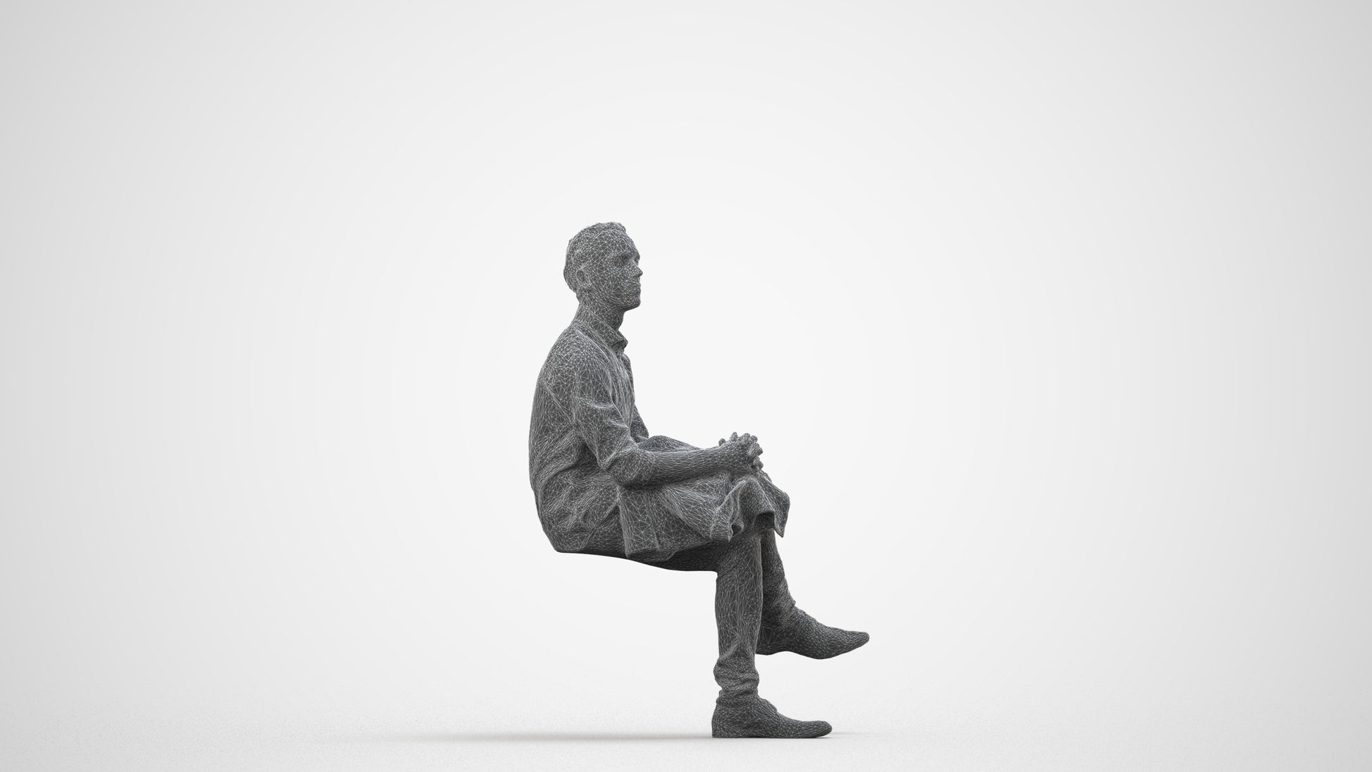 3D scanned man sitting casual, photorealistic archviz people for Enscape and SketchUp, wireframe side view