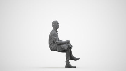 3D scanned man sitting casual, photorealistic archviz people for Enscape and SketchUp, wireframe side view
