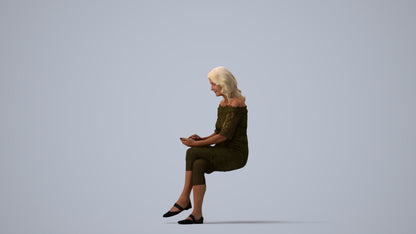 realistic 3D senior woman casual sitting, scanned archviz people for Blender and 3ds Max, three-quarter view render