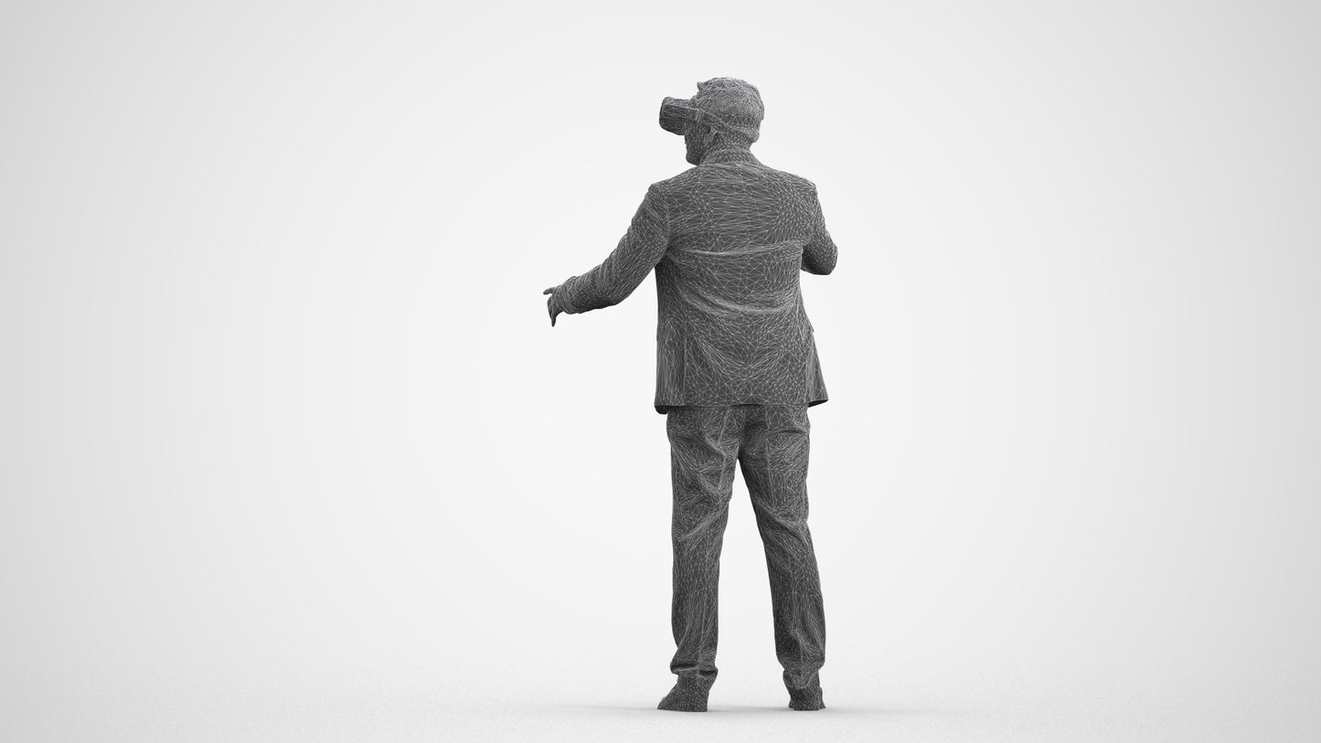 3D scanned man standing business, photorealistic archviz people for Enscape and SketchUp, wireframe front view