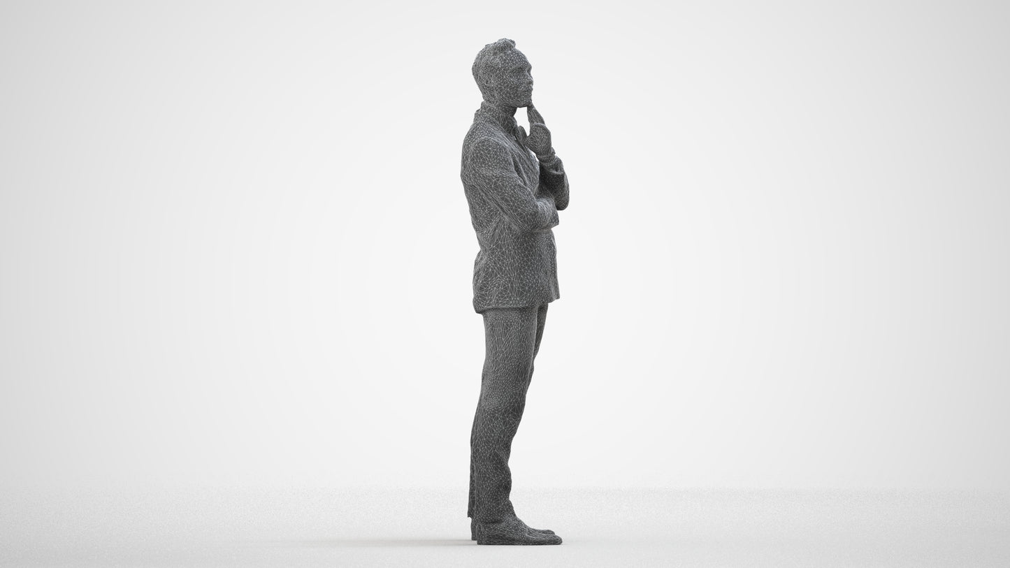3D human model man formal business, photogrammetry scanned person for archviz, wireframe side view