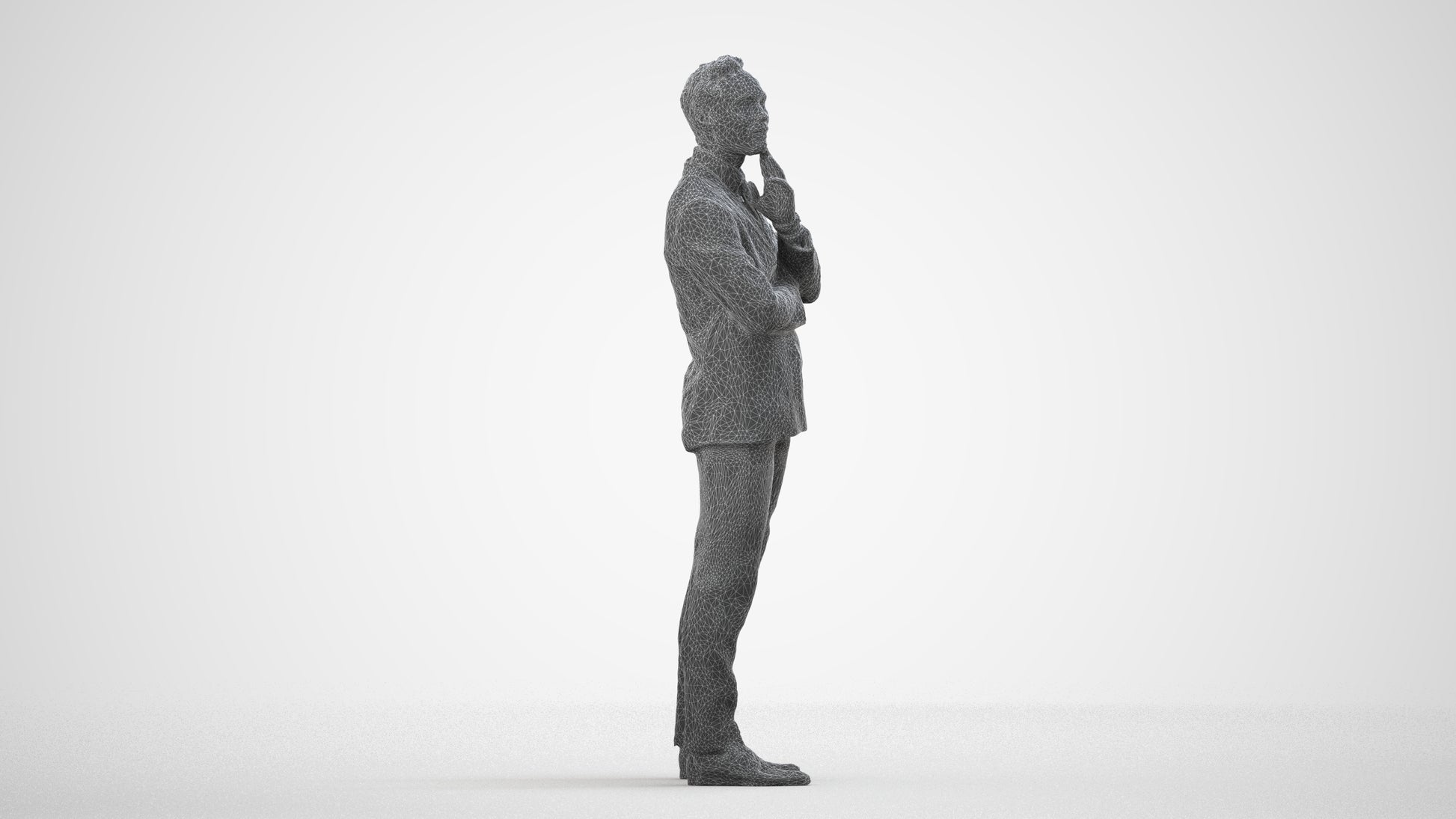 3D human model man formal business, photogrammetry scanned person for archviz, wireframe side view