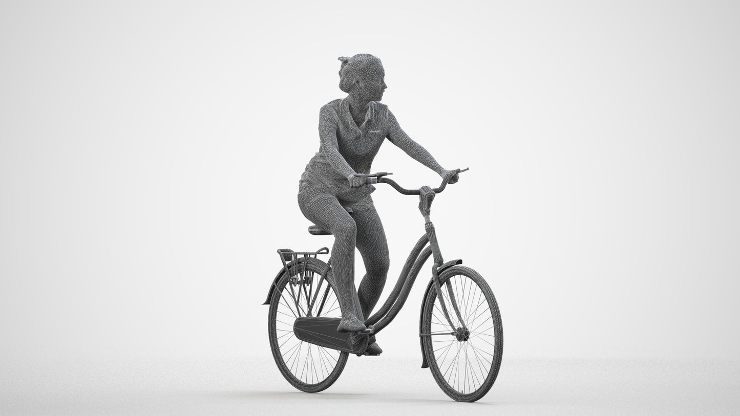 3D people model woman casual cycling, scanned human for 3ds Max rendering, wireframe side view