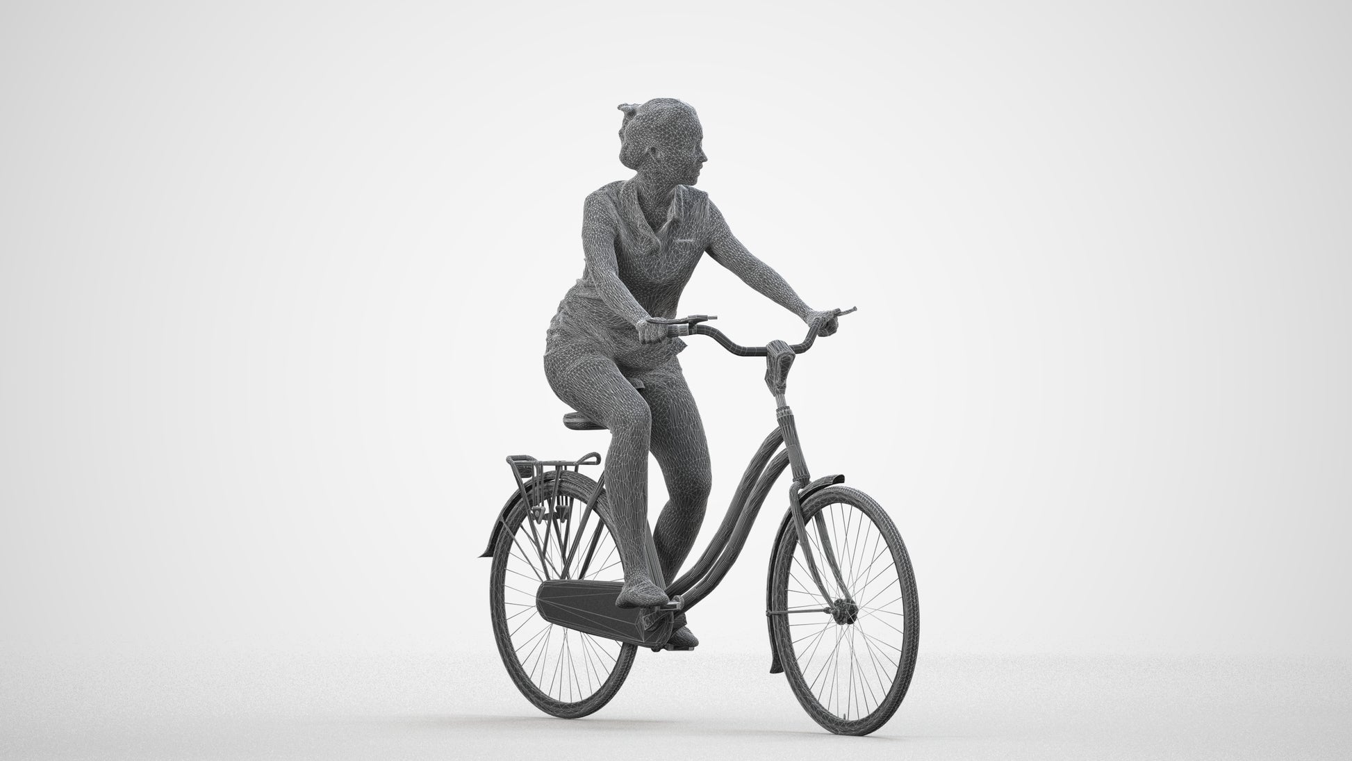 3D people model woman casual cycling, scanned human for 3ds Max rendering, wireframe side view