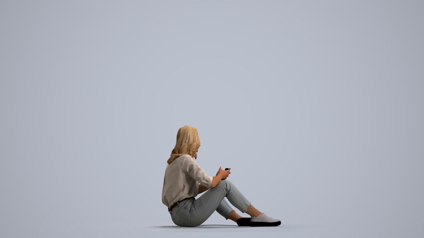 3D human model woman casual sitting, photogrammetry scanned person for archviz, front view render