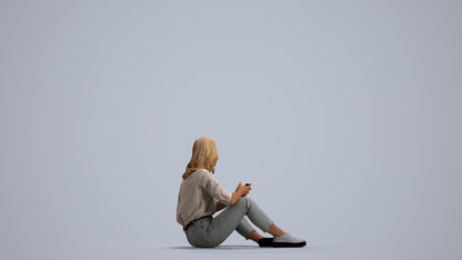 3D human model woman casual sitting, photogrammetry scanned person for archviz, front view render