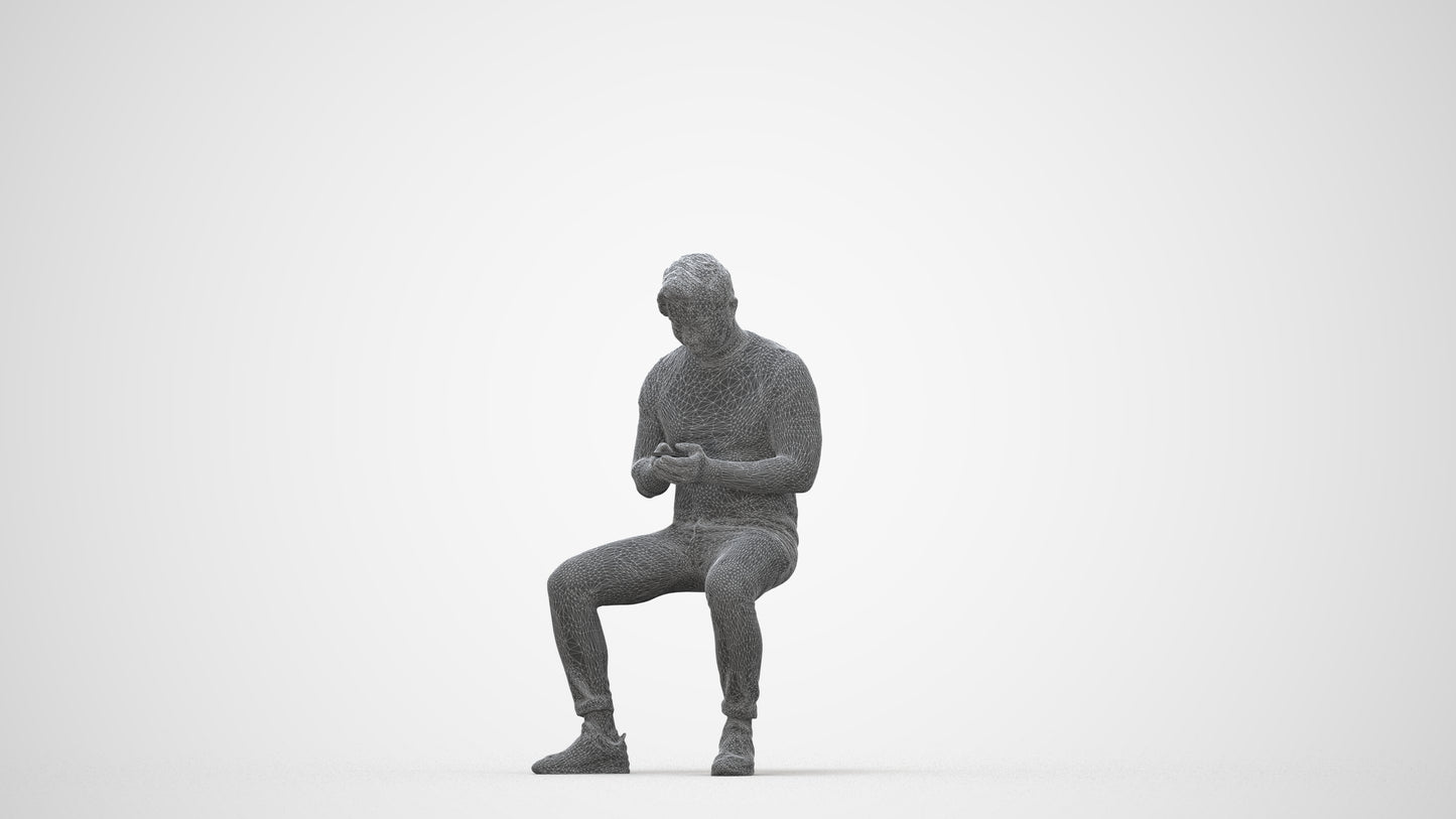 3D scanned man sitting casual, photorealistic archviz people for Enscape and SketchUp, wireframe back view