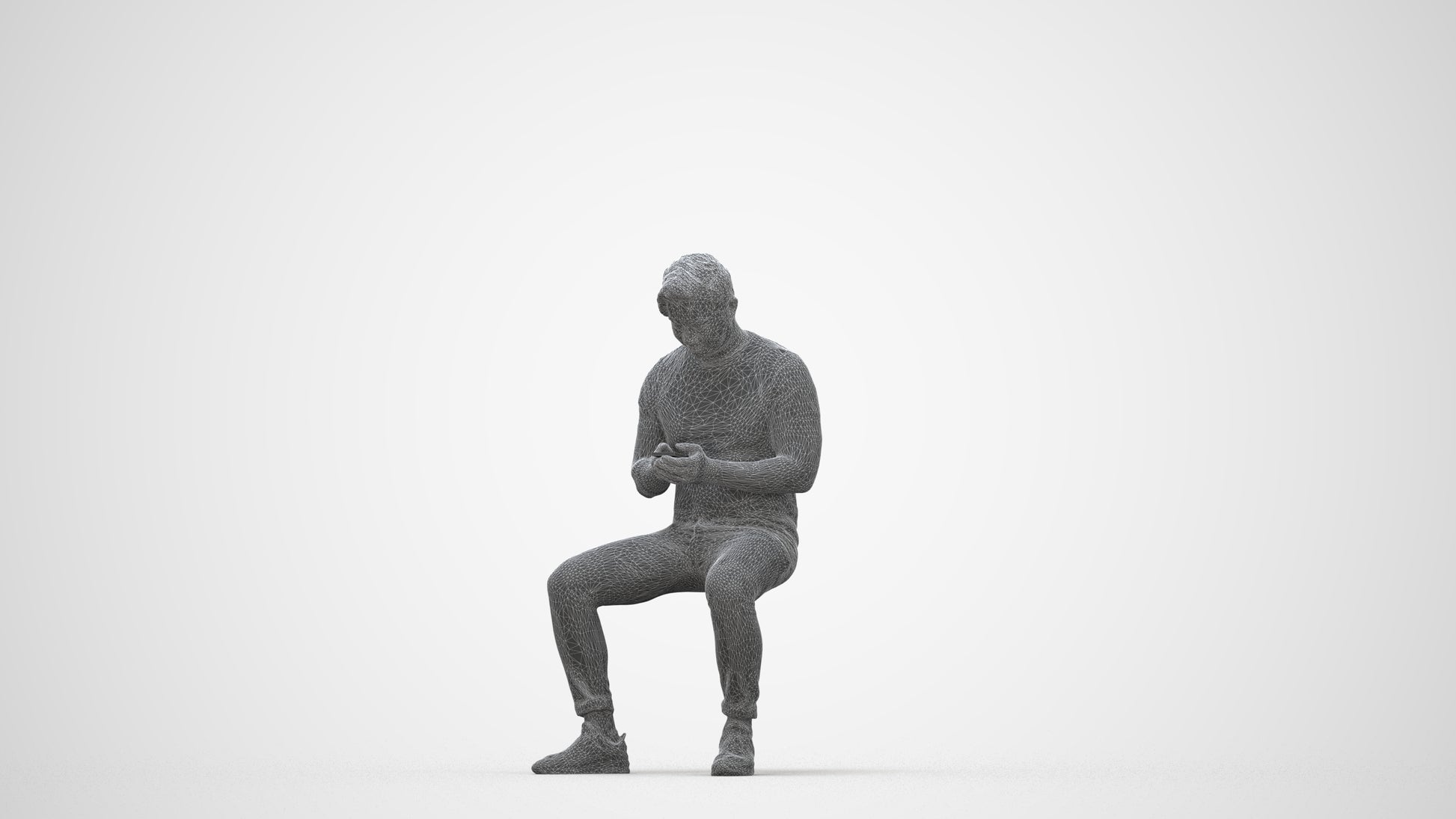 3D scanned man sitting casual, photorealistic archviz people for Enscape and SketchUp, wireframe back view