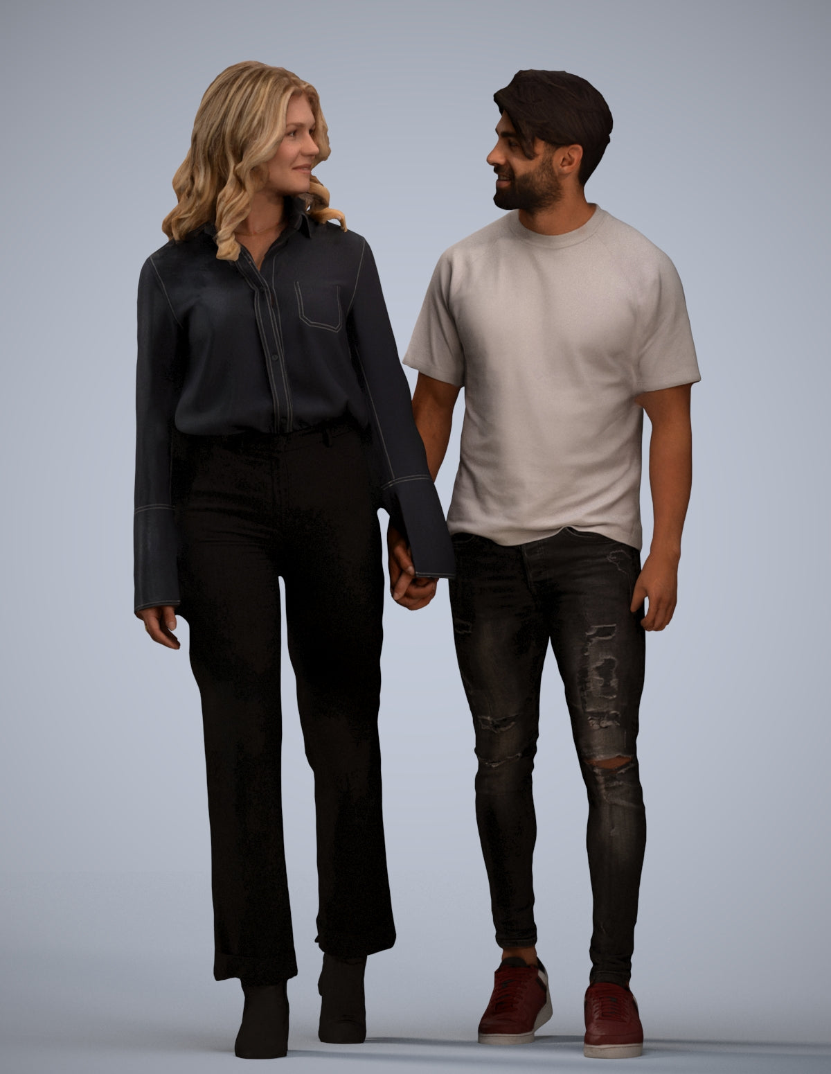 3D human model woman casual couple, photogrammetry scanned person for archviz