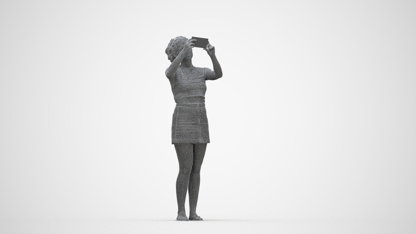 3D human model woman casual standing, photogrammetry scanned person for archviz, wireframe back view